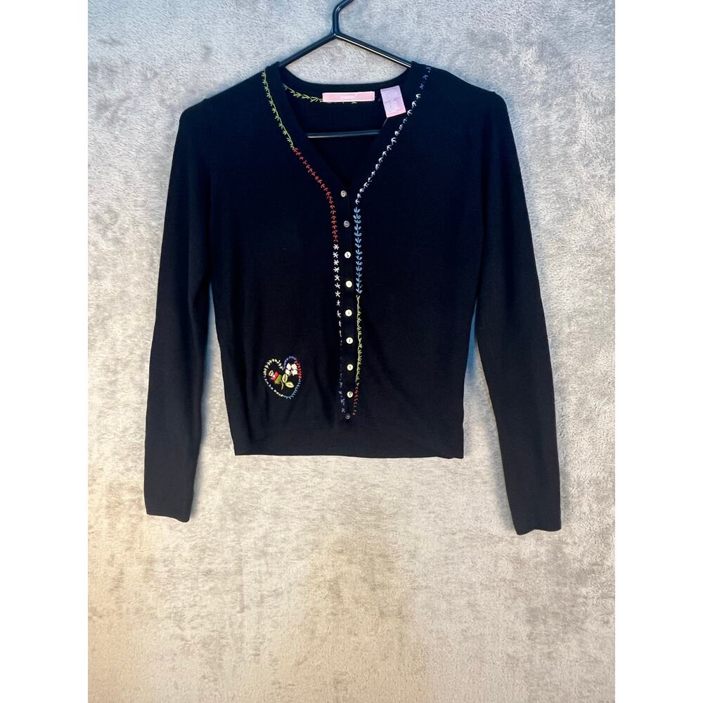 Easel Cardigan Sweater Black Embroidered Floral Heart Dainty Preppy Valentines